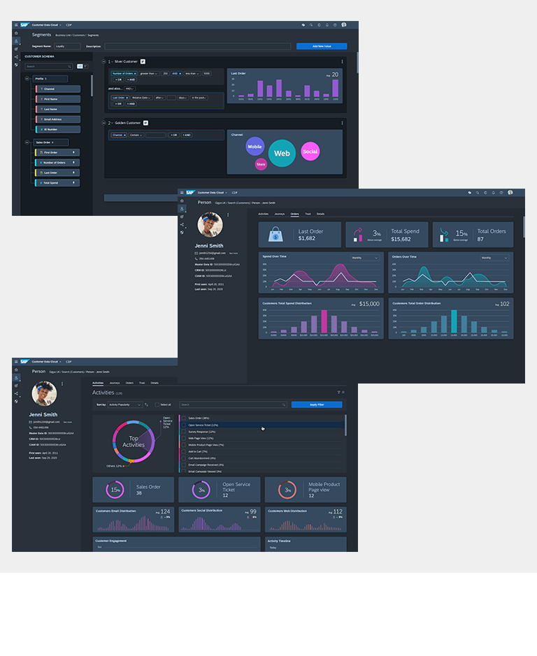 Drei Screens der SAP-Kundendatenplattform von 2020