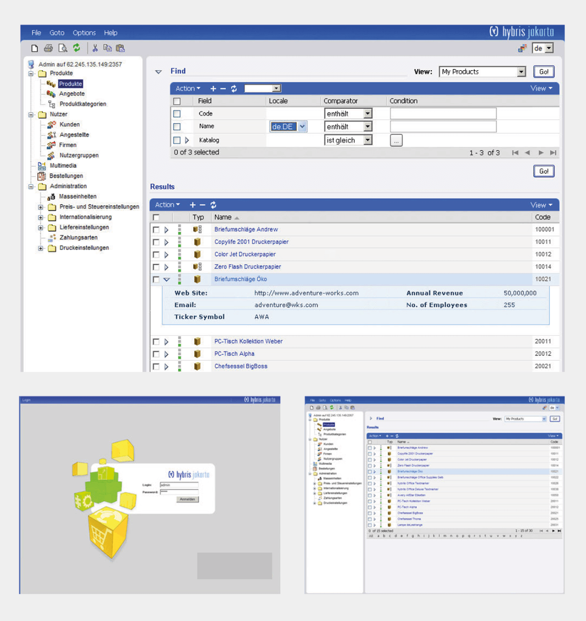 Screens aus Hybris Jakarta webMC von 2003 - Login, Produkte im System hinterlegen