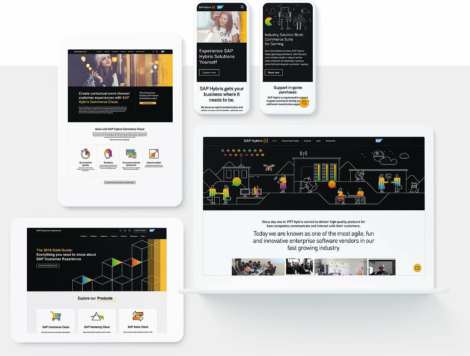 A collection of screenshots shows the new SAP Hybris webpage on mobile devices