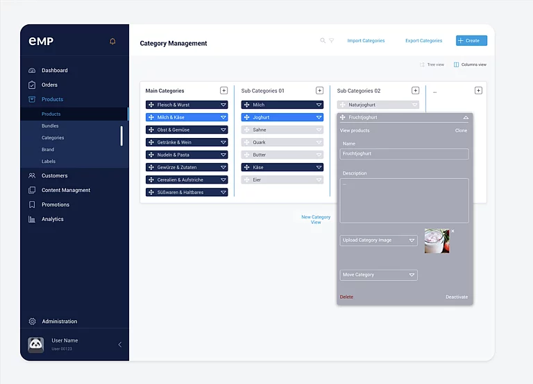 Software Interface Design & Konzept für PIM Bild zeigt ein Konfigurations-Interface von SAP. Das UX/UI-Design stammt von SNK.
