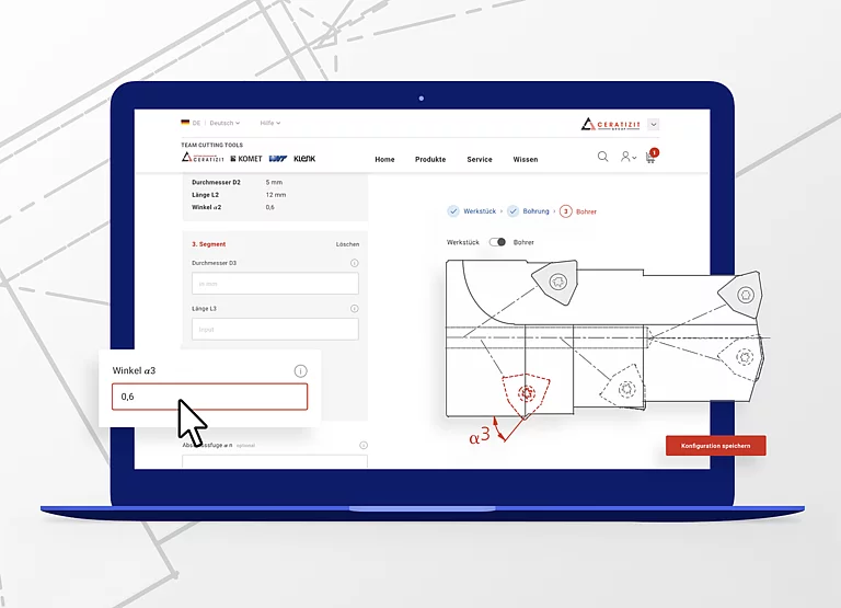 Konfigurator für Zerspanungswerkzeuge Bild zeigt ein Konfigurations-Interface von Ceratizit. Das UX/UI-Design stammt von SNK.