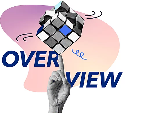 Graphic shows a hand balancing a cube with the word overview Graphic shows a hand balancing a cube with the word overview