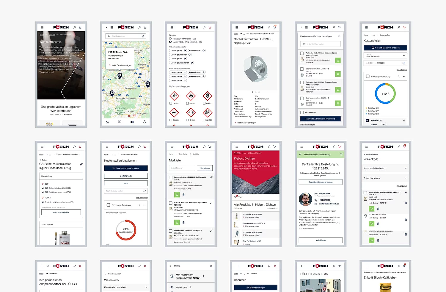 Grafik zeigt verschiedene Smartphone Screen–Designs aus dem Login-Bereich des Förch Business-Portals.