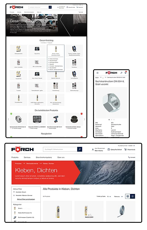 Grafik zeigt drei Screen–Designs des neuen Förch Business-Portals für Desktop, Tablet und Smartphone.