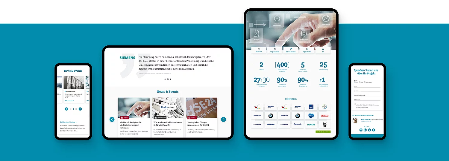 Zu sehen ist die Website von Campana & Schott, auf verschiedenen Endgeräten, designt von SNK