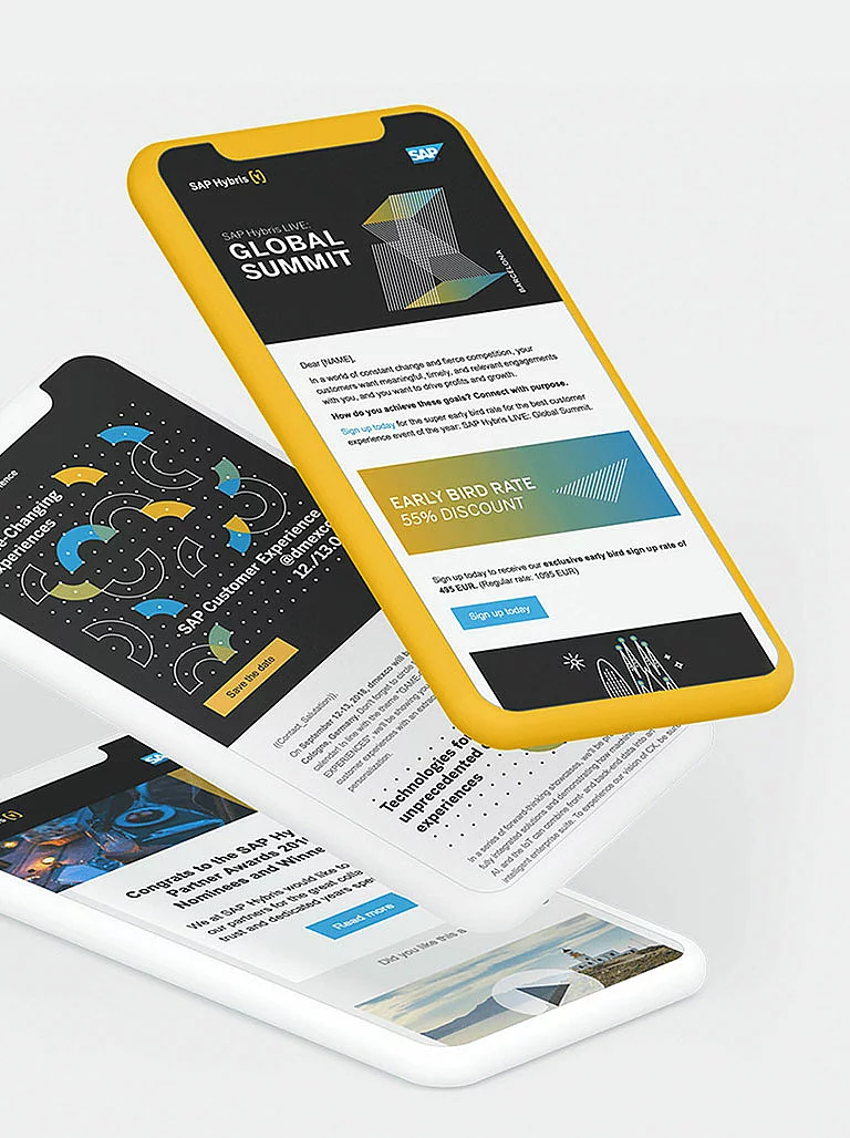 Newsletter Newsletter für 'SAP hybris'. Ansichten auf drei Smartphones.