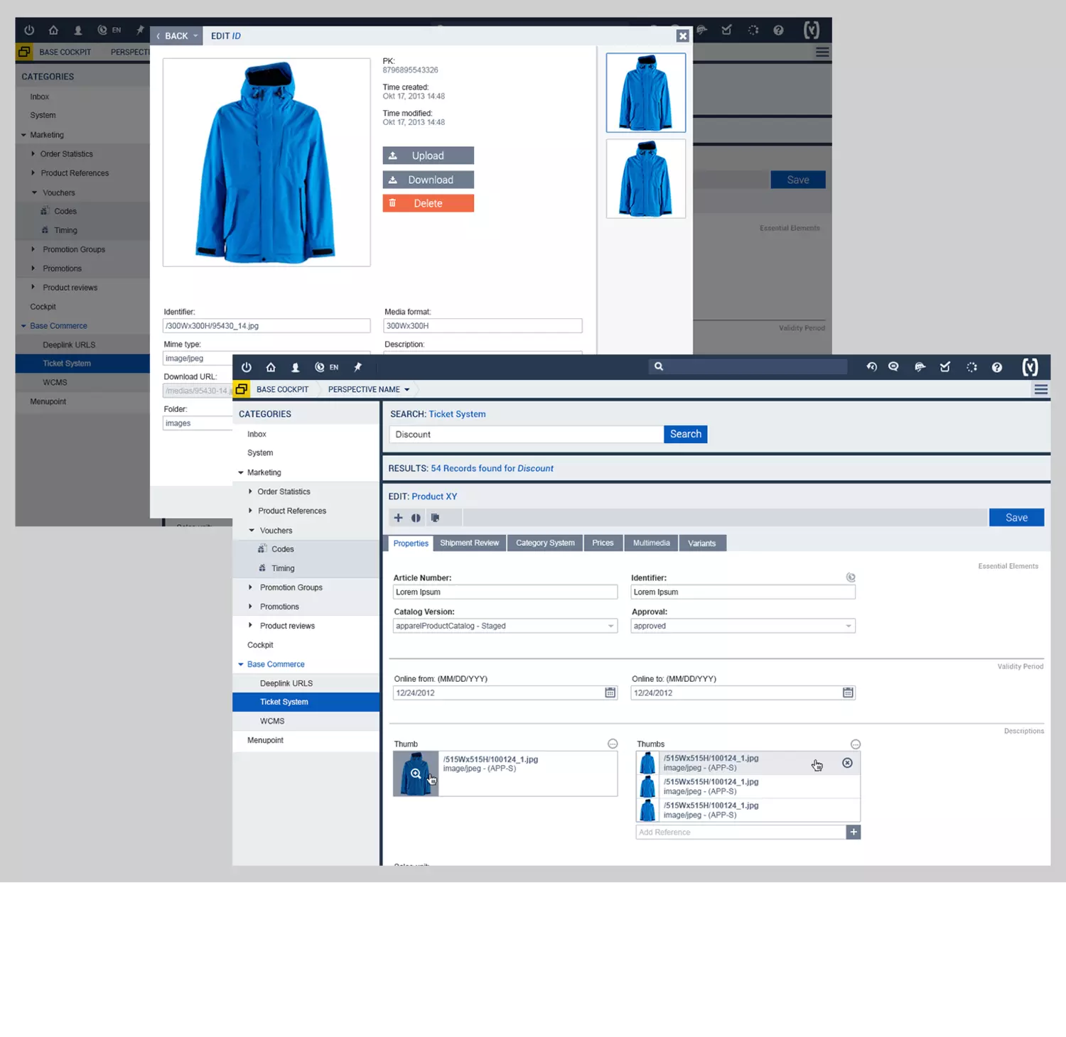 2 Screens zu Hybris Backoffice, auf denen eine Jacke im Shop angelegt wird
