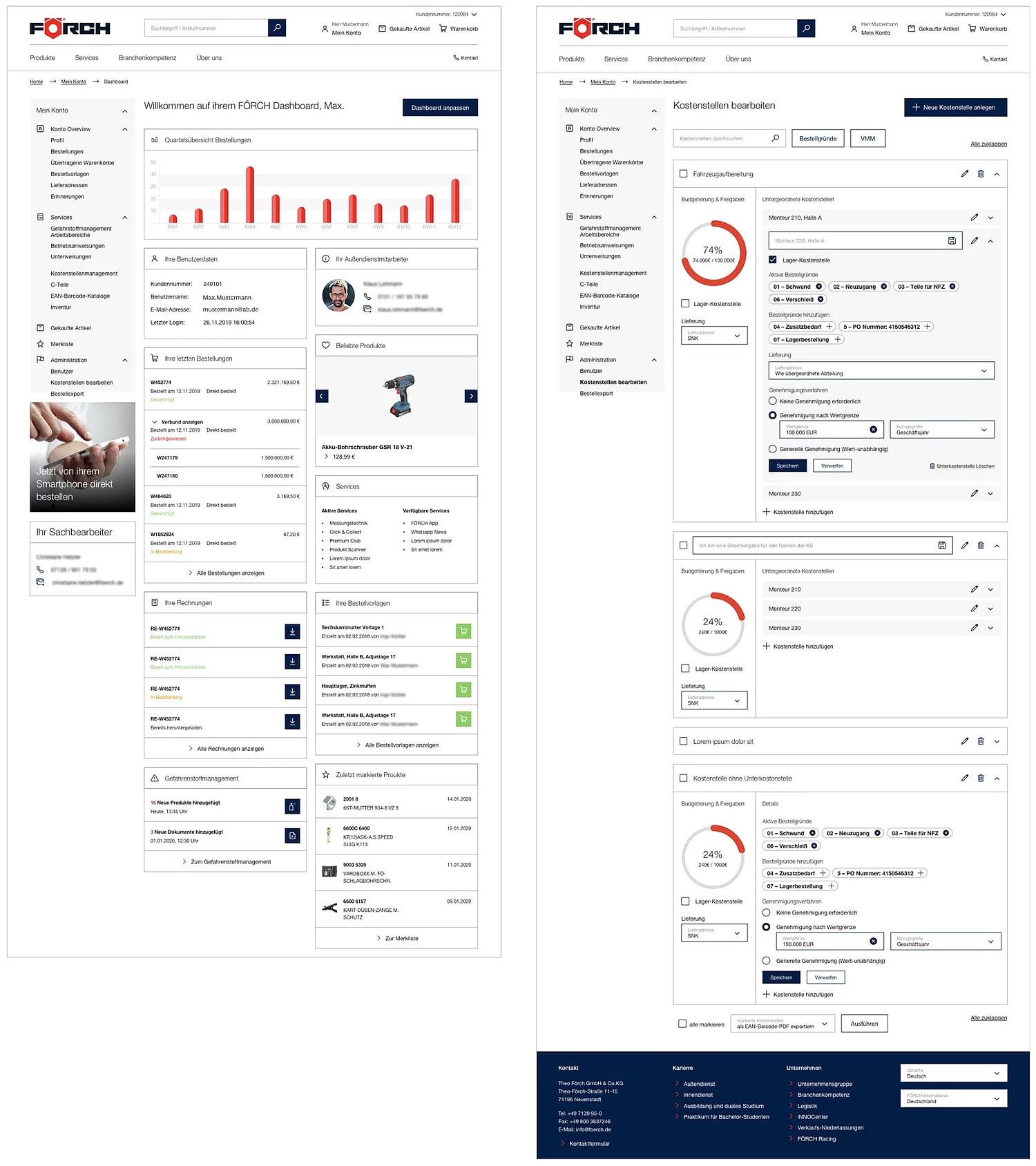 Grafik zeigt verschiedene Smartphone Screen–Designs des neuen Förch Business-Portals.
