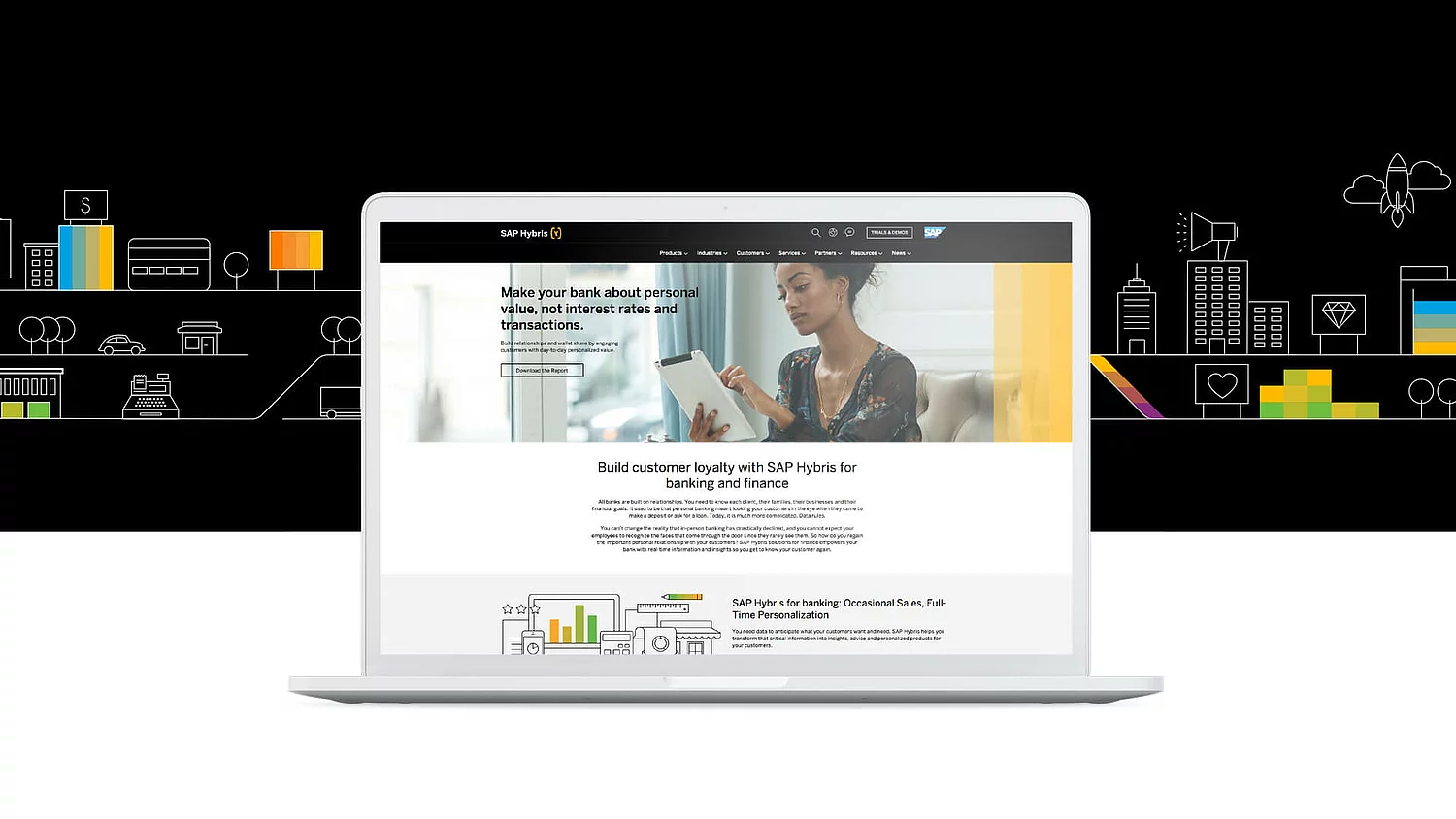 Ein Bild zeigt das Design der SAP Hybris Website auf der Startseite.