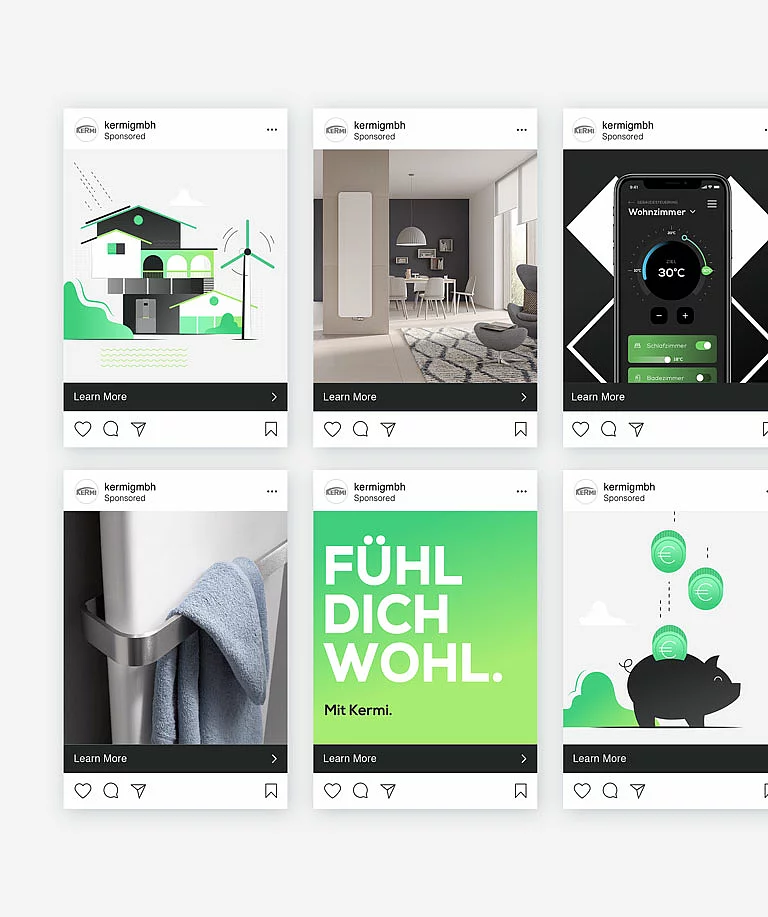 Social Media Einige Storytelling-Assets für 'Kermi'. Ansicht auf mobilen Geräten.