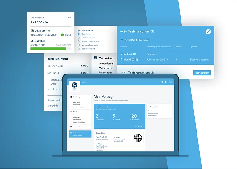 Serviceplattform für Partner und Kunden Bild zeigt ein Interface von NFON. Das UX/UI-Design stammt von SNK.