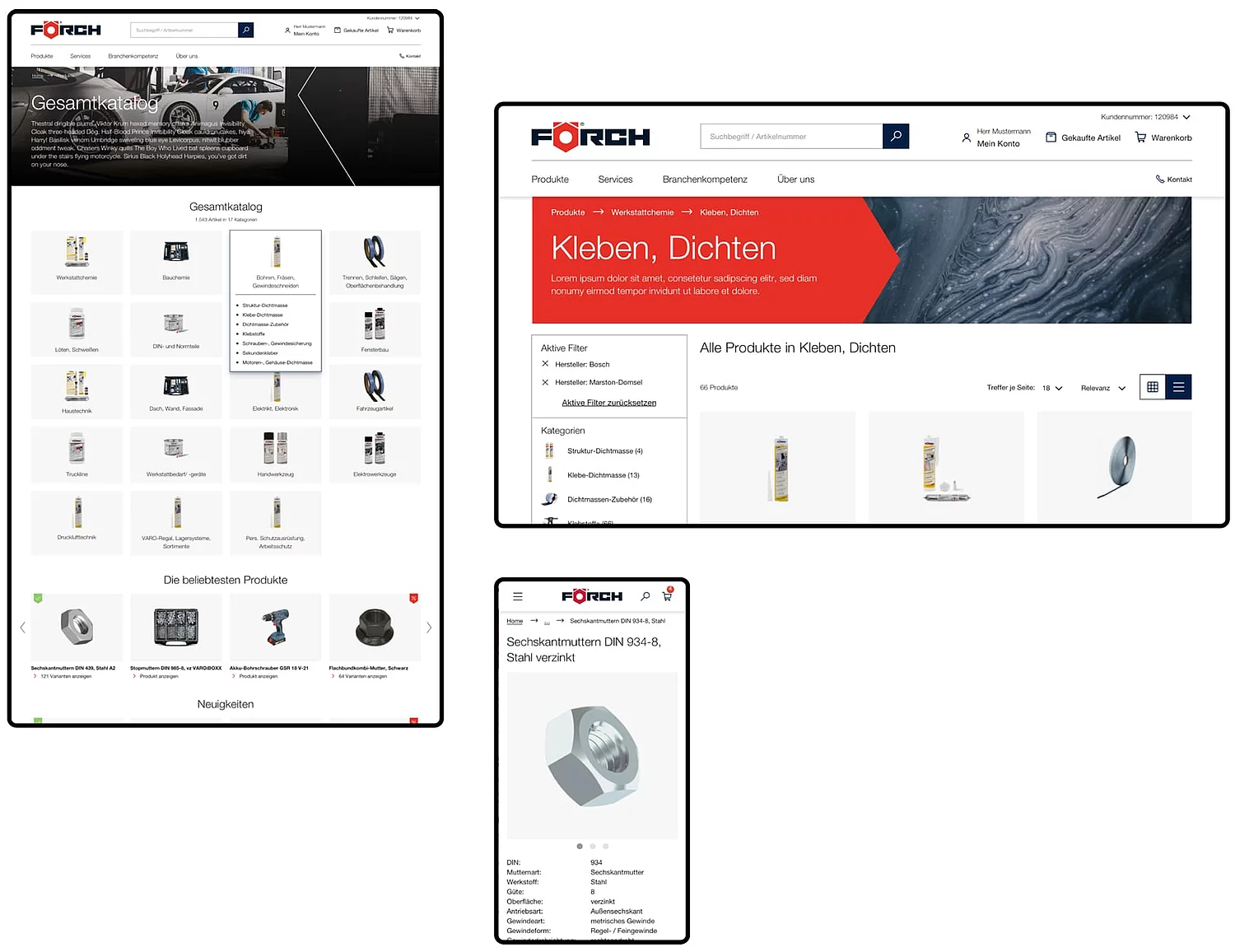 Grafik zeigt drei Screen–Designs des neuen Förch Business-Portals für Desktop, Tablet und Smartphone.
