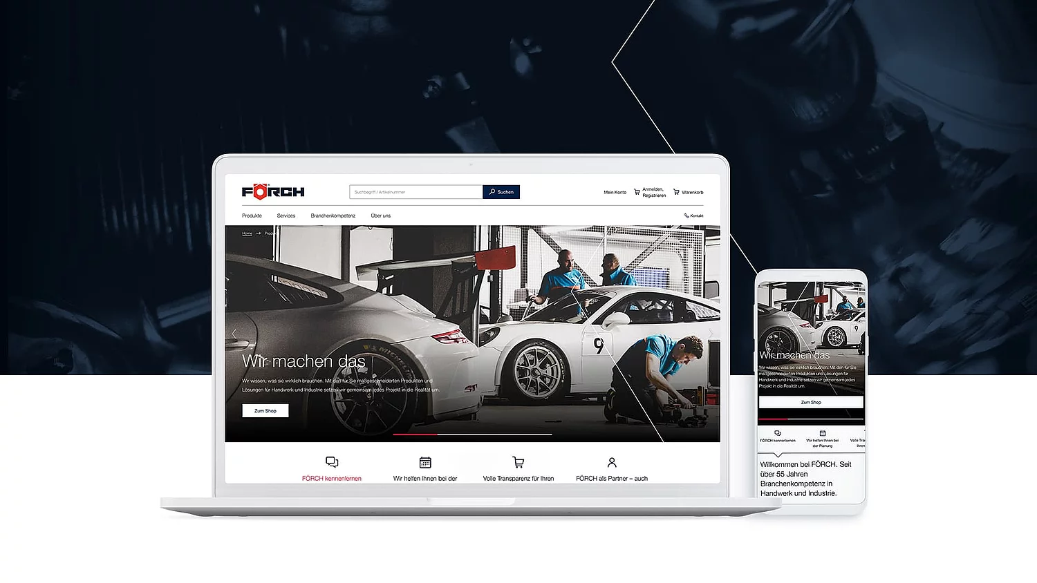 Bild zeigt einen Screenshot der Förch-Website in der Desktop- und Mobile-Ansicht.