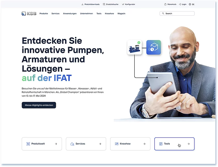 Website-Assets Beispielhafte Anwendung der KSB Produktkommunikation auf der Website