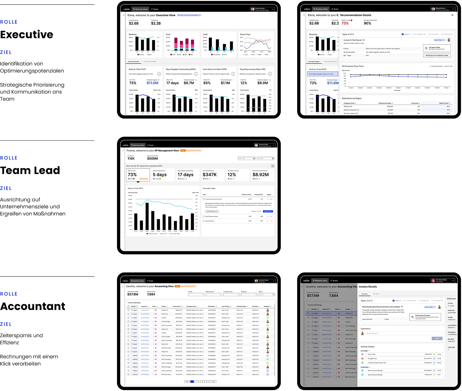 Executive, Teamlead oder Accountant: Eine Grafik zeigt individuell an die Rollen angepasste Datenansichten.