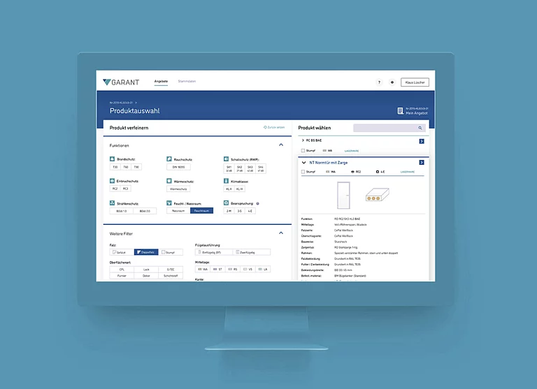 Vertriebsapplikation: Konfigurator für Türen Bild zeigt ein Konfigurations-Interface von Garant. Das UX/UI-Design stammt von SNK.