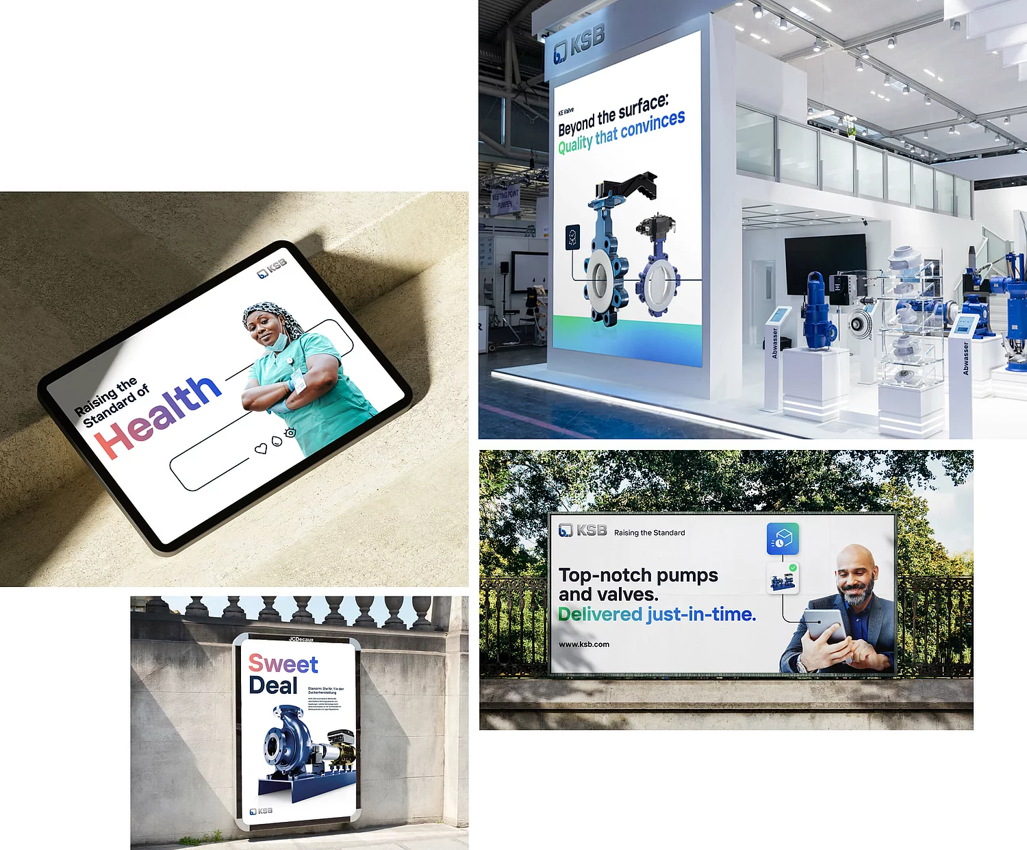 Collage mit ANwendungsbeispielen der neuen KSB Produktkommunikation