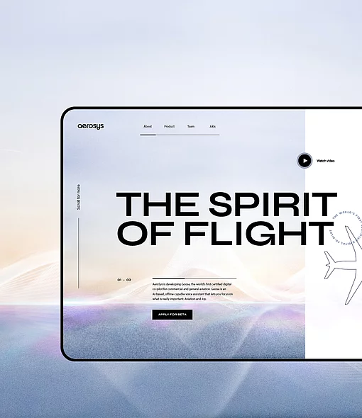 Ein Bild zeigt ein Tablet, das ein mögliches Design für die AeroSys Website andeutet. Im Hintergrund sind abstrakte Elemente, die an einen Himmel erinnern.