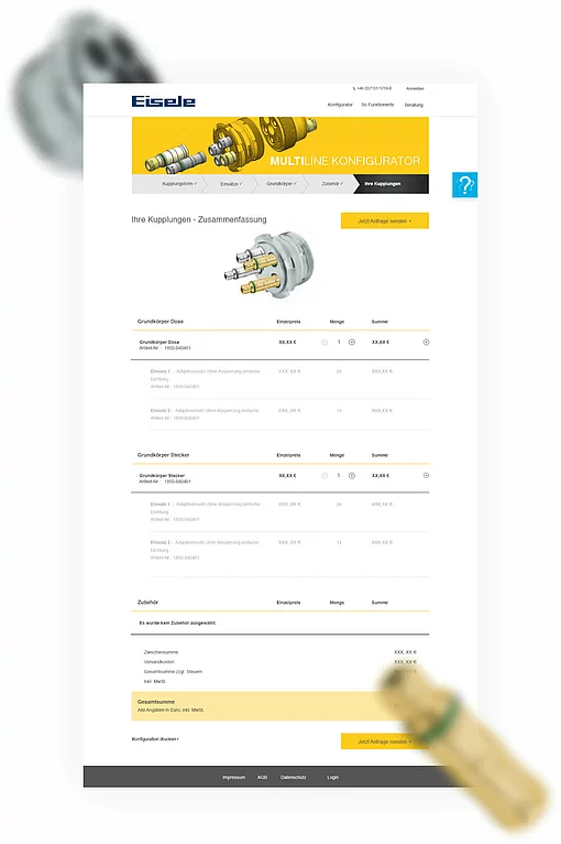Screenshot fo new Eisele website: Advantages of product configurators for B2B Screen Konfigurationszusammenfassung